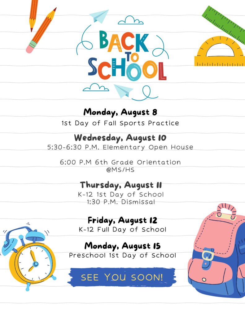 Back to School Information outline of schedule of first week of school